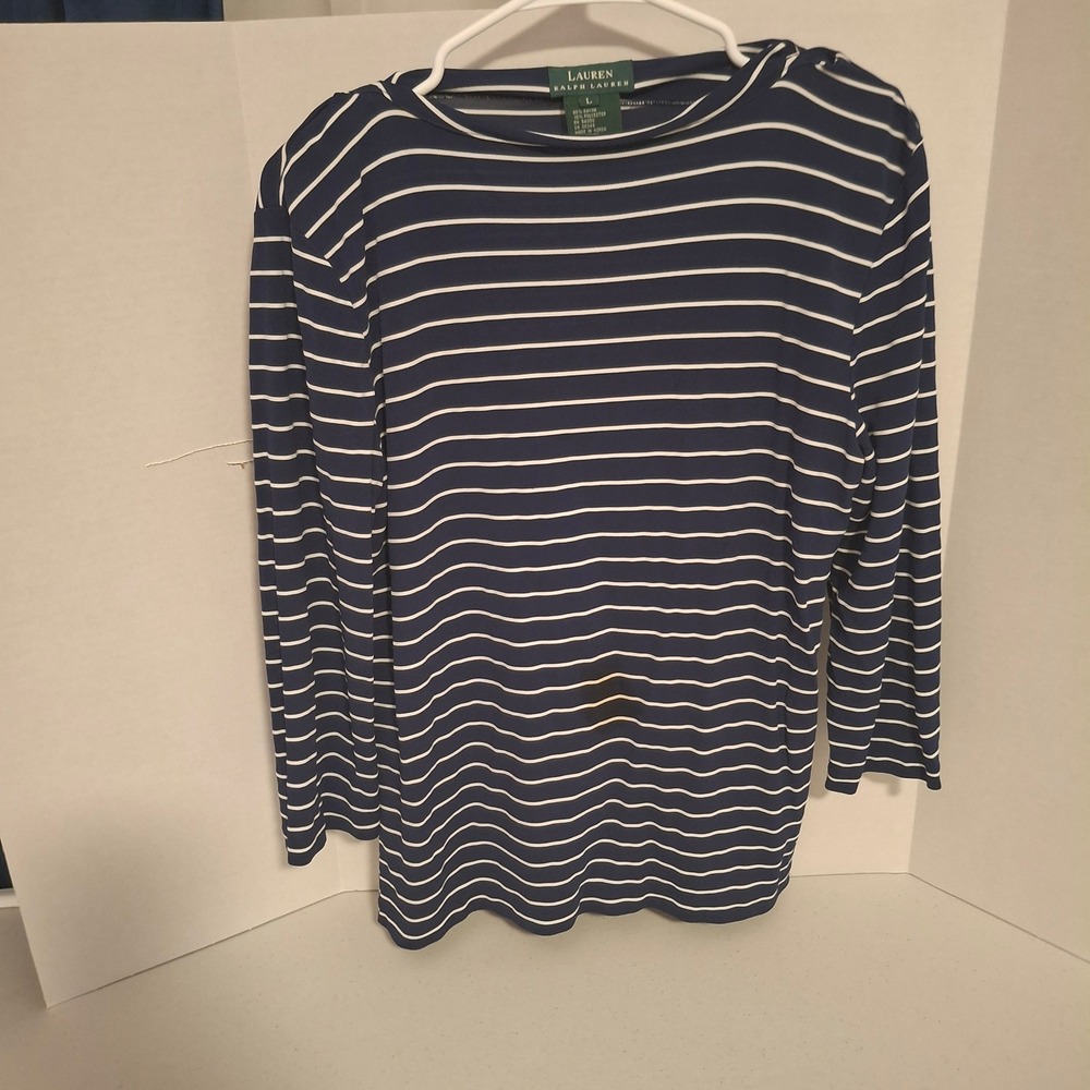 Lauren Ralph Lauren Women's Navy White Striped Long Sleeve Top Shirt Size L‎